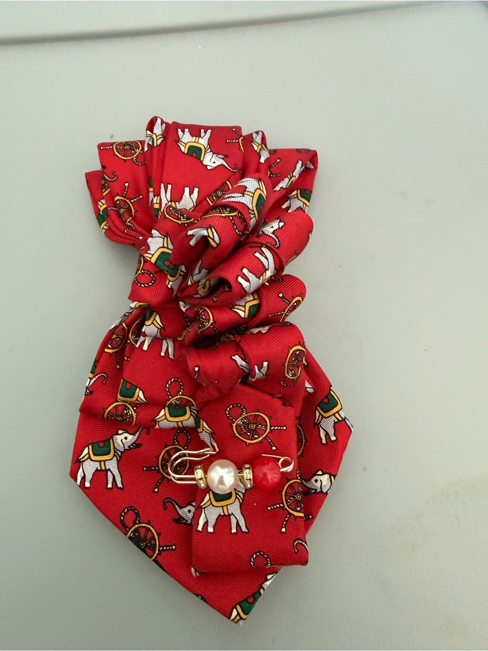Kids Red Elephant Print Hair Scrunchie with Bead Charm